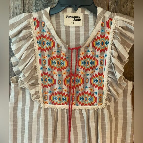 Savanna Jane Sz S Beige Red Tassle Tie Striped Embroidered Boho Blouse - Picture 3 of 8